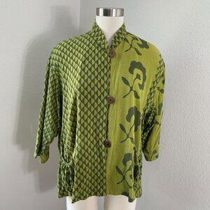 Yasuko Womens XL Green Printed Cotton Jacket 3/4 Sleeve Artsy Lagenlook Boho